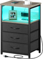 Seventable Nightstand with Charging Station and LED Light, Set of 2 Side Table with 3 Fabric Drawers, Bedside End Table with USB Ports and Outlets, Night Stand for Bedroom, Greige