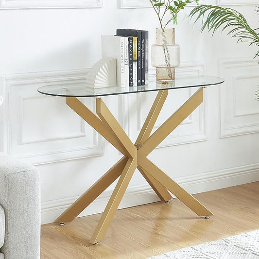 Gold Glass Oval Console Table, Modern Style Entryway Hallway Narrow Sofa Table, Entrance for Entryway, Living Room, Foyer, Hallway, Office， 45" Lx18 Wx30 H Gold