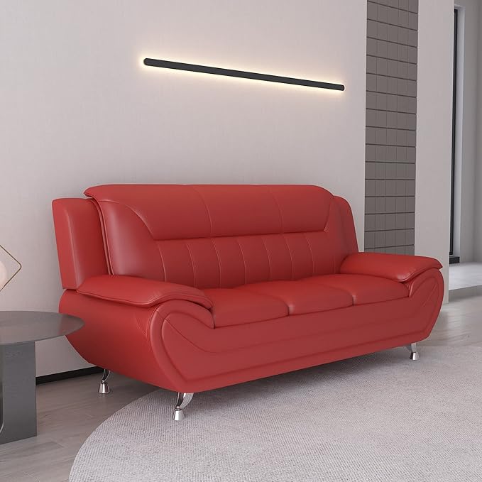 Container Furniture Direct Michael Modern Faux Leather Upholstered Stainless Steel Legs Living Room Sofa, Chair, Persian Red
