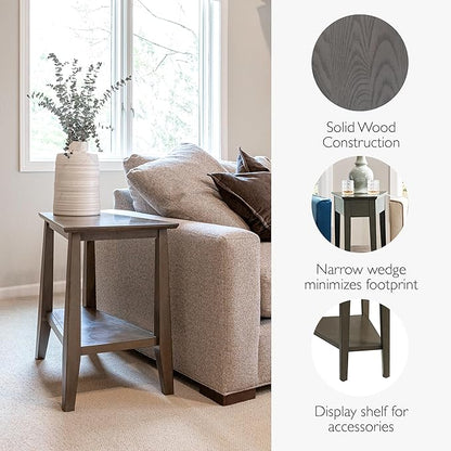 Leick Home Teegan End Table, Solid Wood, Bottom Display Shelf, Narrow Wedge, For Living Room/Bedroom, Smoke Gray, 24.0 in L x 15.0 in. W x 24.0 in. H
