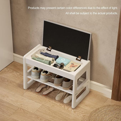 Small Shoe Bench with Cushion,2 Tiers Shoe Rack Bench with Flip-Top Storage,Wood Shoe Rack for Entryway（White,23.62"）