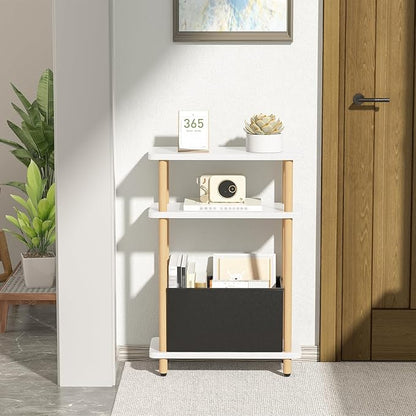 Narrow Side Table with Fabric Basket, 7" Wide, 3 Tier Skinny End Table with Wood Legs, Slim Nightstand/Bedside Table for Small Spaces, with Adjustable Feet, 15.7" L x 23" H