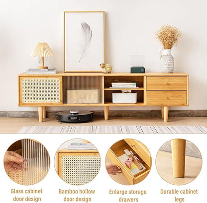 Tiita Rattan TV Stand for 55 60 Inch TV, Bamboo TV Cabinet with 2 Drawers, Boho Entertainment Center with Adjustable Shelf, Mid Century Modern Media Console for Bedroom, Living Room, Study