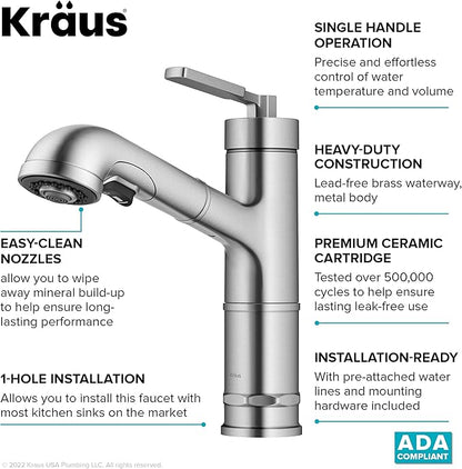 KRAUS Allyn Pull-Out Single Handle Kitchen Faucet in Spot-Free Stainless Steel, KPF-4103SFS