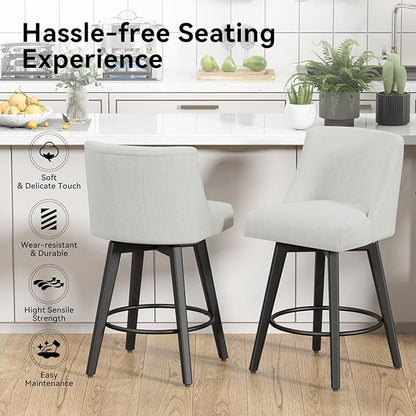 Counter Height Swivel Bar Stools Set of 3, 26 Inch Bar Stools with Footrest, Linen Fabric Upholstered Barstools with Back and Solid Wood Legs for Kitchen Island, Dining Room,Pub,White