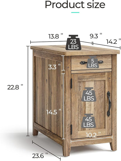LINSY HOME Farmhouse End Table with Charging Station, Narrow Side Table for Living Room, Sofa Side Table with Drawer and Storage Cabinet, Small Nightstand for Home Office