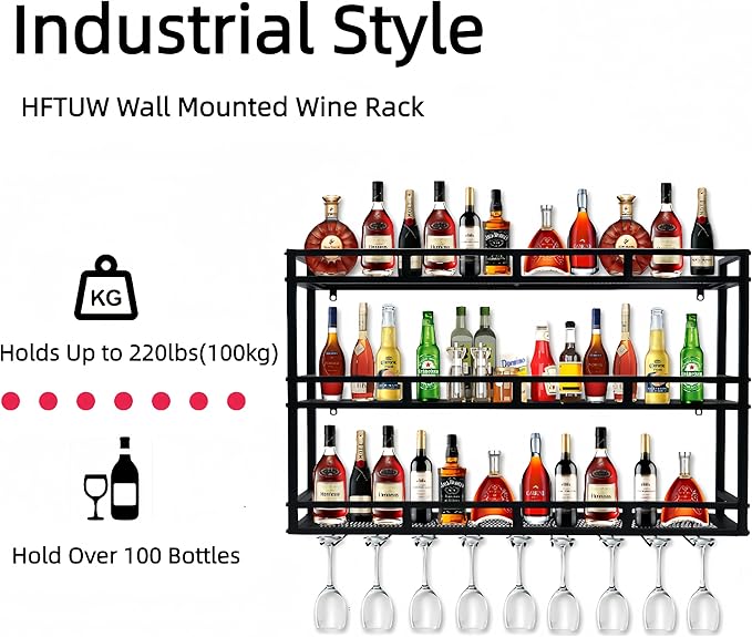 Metal Wine Rack Wall Mounted, Bar Shelves for Liquor Bottles with LED Light, 3 Tier Large Capacity Liquor Rack Wall Mounted with Glass Holder for Home Bar & Dining Room （Black, 71in/180cm）