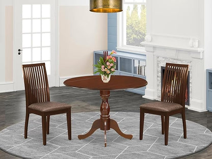 East West Furniture DMIP3-MAH-C 3 Piece Dining Set Contains a Round Dining Room Table with Dropleaf and 2 Linen Fabric Upholstered Chairs, 42x42 Inch, Mahogany