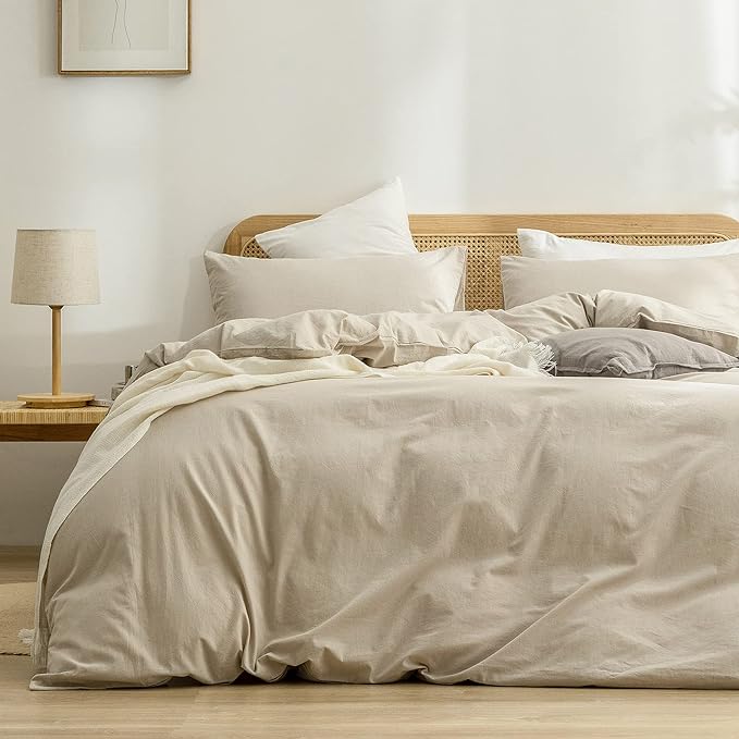 BESTOUCH Duvet Cover Set 100% Washed Cotton Linen Feel Super Soft Comfortable Chic Lightweight 3 PCs Home Bedding Set Solid Almond Milk Grey Super Queen