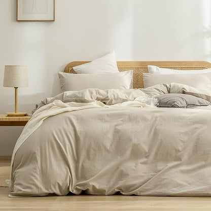 BESTOUCH Duvet Cover Set 100% Washed Cotton Linen Feel Super Soft Comfortable Chic Lightweight 3 PCs Home Bedding Set Solid Almond Milk Grey Oversized King