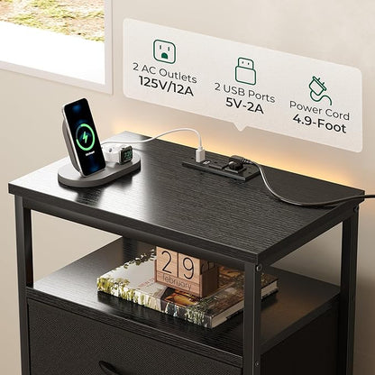 Huuger Nightstands Set of 2, 27.6 Inch End Tables with Charging Station, Bed Side Tables with Fabric Drawers, USB-C Port and Outlet, Night Stands for Bedroom, Black