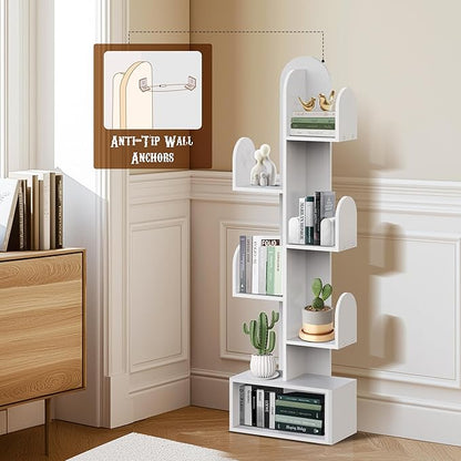 Cactus Tree Bookshelf, 5-Tier Wood 50" Tall Storage Rack for CDs/Movies/Books, Small Space-Saving Organizer Shelves for Living Room, Bedroom, Home Office (Mist Green)