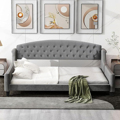 Full Size Modern Luxury Tufted Button Daybed, Stylish Wood Upholstered Day Bed,No Box Spring Required, Easy Assembly,for Bedroom,Living Room and Guest Room,Den,Office,Gray
