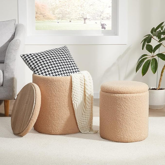 Boucle Round Ottoman with Storage Set of 2,Small Foot Stool Ottoman for Living Room, Small Coffee Table,Vanity Stool with Storage for Bedroom, Beige