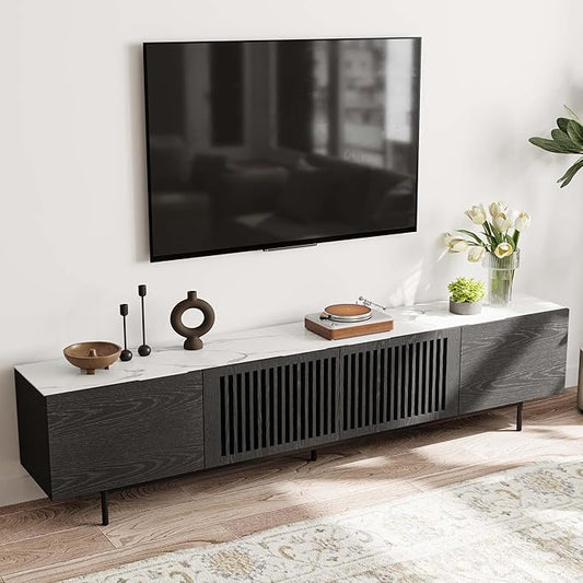 POVISON Mid Century Modern Sintered Stone TV Stand, Slatted Media Console TV Cabinet with Tall-cast Metal Legs, Fluted Entertainment Center with Storage, Fully-Assembled (Black, 94.49")