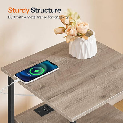 HOOBRO End Table with Charging Station, Nightstand with 2 Drawer & USB Ports & Power Outlets, Bedside Table for Small Spaces, Stable and Sturdy, for Living Room, Bedroom, Greige and Black BG43UBZ01