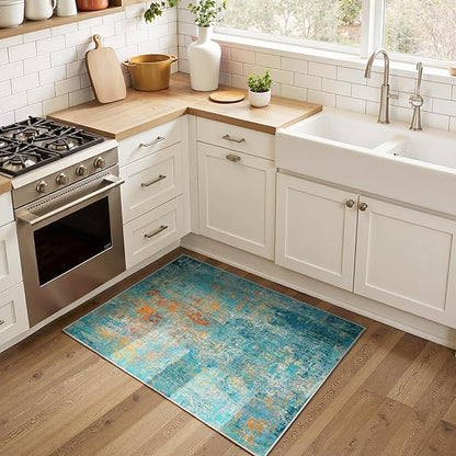 Washable Area Rugs 2'x3' Non-Slip Modern Abstract Soft for Living Room Entryway Bedroom Nursery, Print Pattern, Teal Blue Green Orange Rust Red Colorful