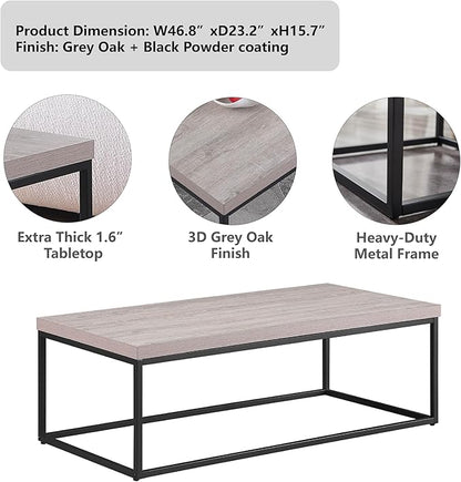 CENSI 47-Inch Grey Wash Accent Coffee Table/Center Table for Living Room, Rectangle Modern Industrial Style,Wood and Metal, Max.Loading 220 lbs. (French Oak)