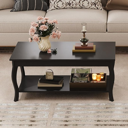 ChooChoo Coffee Table, Modern Center Table with Curved Legs and Storage Shelf, 39" Coffee Table for Living Room, Black
