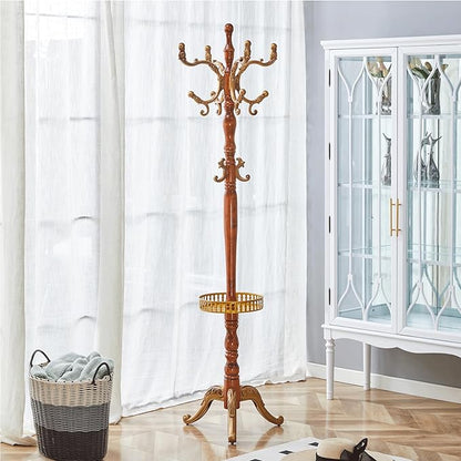 Solid Wood Coat Rack Freestanding, 77" Adjustable Hall Tree Hanger With Hooks, Coat Hanger Stand for Hanging Clothes Bags Hats in Living Room Bedroom