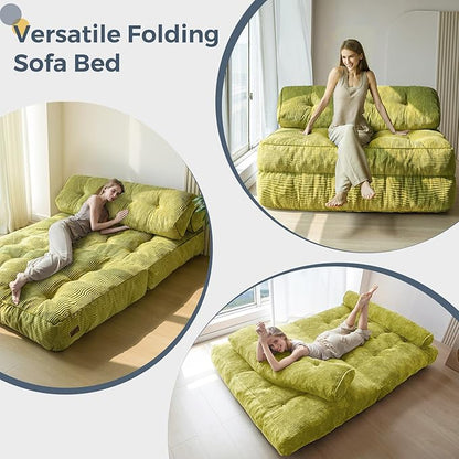 MAXYOYO Folding Sofa Bed, Convertible Sleeper Chair with Pilow Foldable Matress with Back Support, Portable Fold Out Chair Bed for Living Room Bedroom, Green Double
