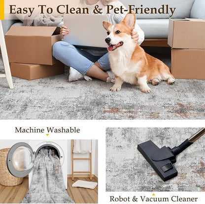 8x10 Washable Area Rug Grey Rust Modern Neutral Abstract Living Room Bedroom Indoor Floor Carpet Low Pile Soft Non-Slip Lightweight Vacuumable Large Throw Rug for Kitchen Dining Room