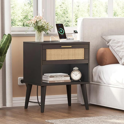Irontar Nightstand Set of 2, Bedroom Night Stand with Charging Station & Rattan Drawer, Boho Style Bed Side Tables with Solid Legs, Accent End Table with Open Storage, Black and Natural BZZ007BME02