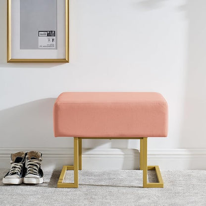 Modern Style Bedroom Single Seat Bench, Cushioned Bed end Stool, Living Room Sofa Stool, Footstool with Golden Iron Legs, Suitable for Bedroom and Living Room (Pink, 21.65"x15.74"X16.53")