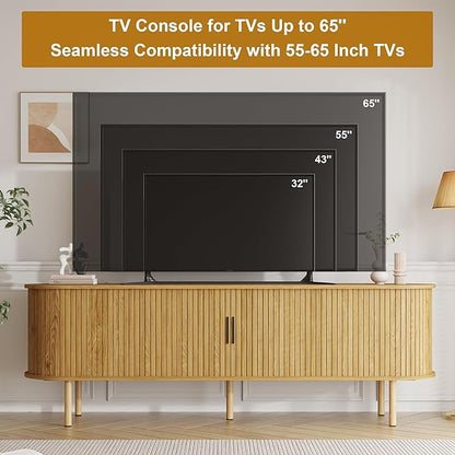 70.1" TV Stand, Modern TV Console Table with Storage Compartment and Sliding Door, Gaming Entertainment Center with Cabinet for Living Room, Bedroom, Office, Oak