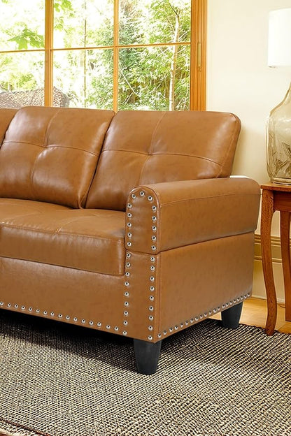 98 Inch L Shaped Sectional Sofa with Chaise Lounge, Storage Ottoman and 2 Pillows, 4-Seaters Faux Leather Upholstered Tufted Couch w/Cupholder & Nailhead Trim for Living Room, Office, Ginger