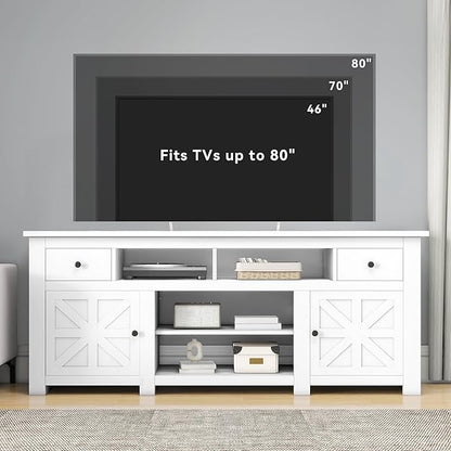 DWVO Farmhouse TV Stand for 75/80 Inches TVs, Entertainment Centers Furniture 30" Tall, TV Consoles with Storage Drawers & Power Outlet, Rustic TV Stands for Living Room, White