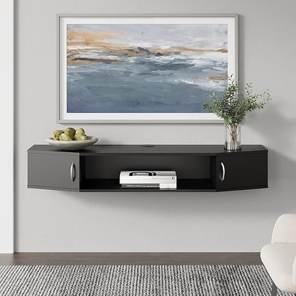 FITUEYES Floating TV Stand Wall Mounted TV Shelf with Door Wood Media Console Entertainment Center Under TV Floating Cabinet Desk Storage Hutch for Home and Office Black