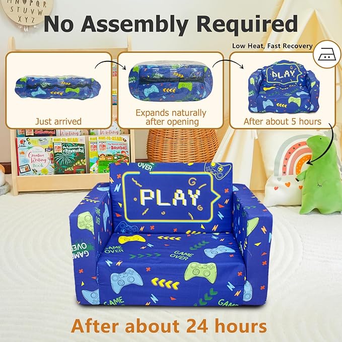 Kids Couch, 2-in-1 Kid Fold Out Couch, Convertible Kids Sofa to Lounger for Girls and Boys, Soft Toddler Chairs Comfy 1-3 Years Old(Gamepad)