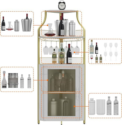 GarveeHome Corner Wine Cabinet with Detachable Wine Rack, 5-Tier Industrial Corner Bar Cabinet with Barn Door and Glass Holder, Farmhouse Buffet Cabinet and Home Bar, Gold