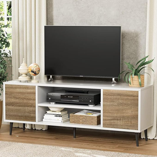 YESHOMY Modern TV Stand for 65" Television, Entertainment Center with Two Storage Cabinets, Retro Style Media Console for Living Room, Bedroom, Office, 58 Inch, Light Brown