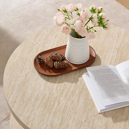 Round Boho Wood Coffee Table - 29.1" Farmhouse Natural Circle Wooden 2-Tier Coffee Tables Living Room Furniture, 29.1" D x 18.3" H, Warm Stone