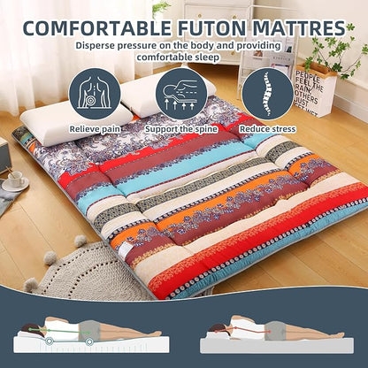 Bohemian Retro Japanese Floor Mattress, Vintage Floral Tatami Floor Mat, Portable Roll up Futon Mattress for Guest,Tavel (B,Twin 80" x 36")