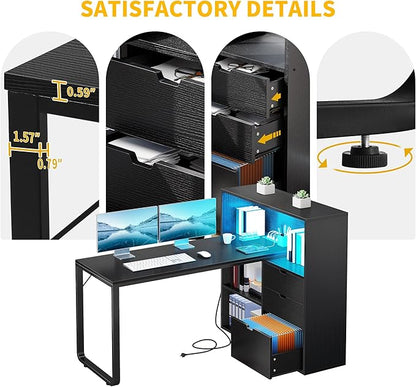 DWVO L Shaped Desk with Drawers, 55" Corner Computer Desk with Bookshelf & Power Outlets & LED Lights, Home Office Desk with Storage Shelves, Black