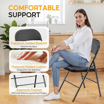 HealSmart 4 Pcs Folding Chairs with Leather Padded Cushion Seats, Back & Sturdy Metal Frame, Stackable, Portable, Commercial Event Seat, Indoor Outdoor for Parties, Home Event, Office, Black