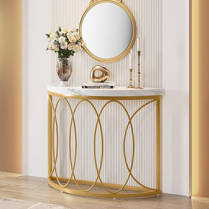 LITTLE TREE Half Moon Gold Console Table, 43 Inch Modern Faux Marble Entryway Table, Narrow Semi Circle Sofa Accent Table with Geometric Metal Frame for Living Room, Hallway