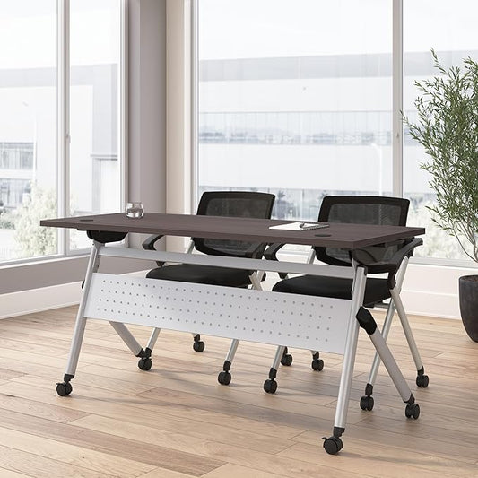 Bush Business Furniture Folding Training Table Set for 2, 60 inch, 2 Mesh Back Folding Chairs with Arms, Commercial-Grade Bundle for Office or Classroom, Envision Collection, Gray