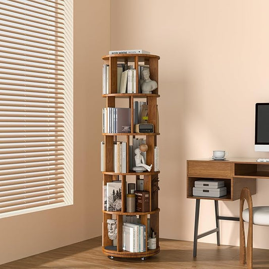 5 Tier Rotating Bookshelf Tower Spinning Bookshelf with Swivel Wheels Book Shelf Rotating Storage Tower for Kids Adult Narrow Walnut Solid Wood Revolving Bookcase Organizer for Bedroom Living Room