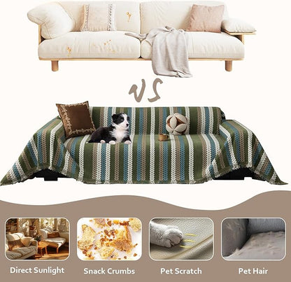 STACYPIK Thick Jacquard Green Couch Cover, Washable Sofa Cover for 2 Cushion Couch, Washable Chenille Couch Cover Blanket, Multi-use Sofa Protector Slipcover, Furniture Protector Pet-Friendly-71X118IN