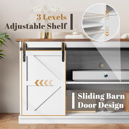 YESHOMY TV Stand for Televisions up to 65 Inchs, with Sliding Barn Doors and 4 Storage Drawers, Console Table and Media Furniture for Living Room, 58 Inch, Milk White
