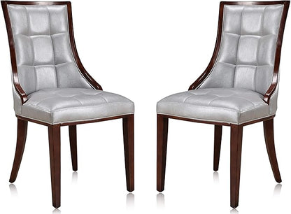 Manhattan Comfort Fifth Avenue Faux Leather Dining Chairs, Parsons Accent Furniture with Padded Wingback Seat, Fine Rectangular Stitching and Solid Beech Wood Frame, Set of 2, Silver