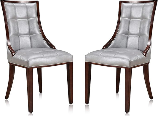 Manhattan Comfort Fifth Avenue Faux Leather Dining Chairs, Parsons Accent Furniture with Padded Wingback Seat, Fine Rectangular Stitching and Solid Beech Wood Frame, Set of 2, Silver