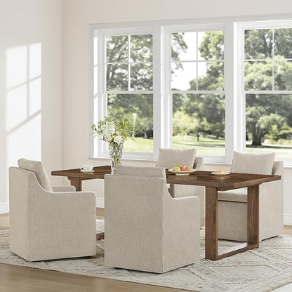 Upholstered Dining Chairs with Casters Easy Assembly Side Deskchair with Rollers for Diningroom, Living Room, Khaki, 4 Box