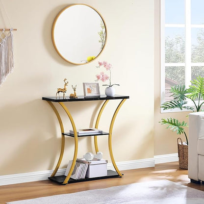 Hoctieon 3 Tier Console Table with Open Wood Shelves, Decorative Entryway Table with Curved Metal Frames, Narrow Sofa Table for Entrance, Living Room, Hallway, Gold and Black Marbled
