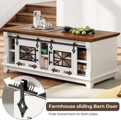IRONCK 48'' Coffee Table with Sliding Barn Doors, Rustic Center Table with 6 Large Storage Space, Glass Doors and Adjustable Middle Shelf, Farmhouse Coffee Tables for Living Room, White