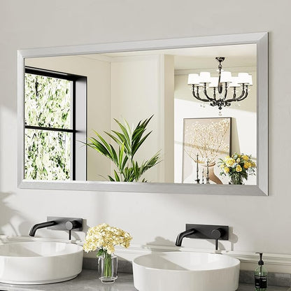 55x30 Inch Silver Bathroom Mirror for Wall, Thick Metal Framed Rectangle Mirrors for Over Sink, Bedroom, Living Room, Entryway, Anti-Rust, HD Tempered Glass